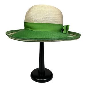 Adele Claire Vintage Hat Women’s Wide Brim Woven Derby Green Ivory Bow Fancy
